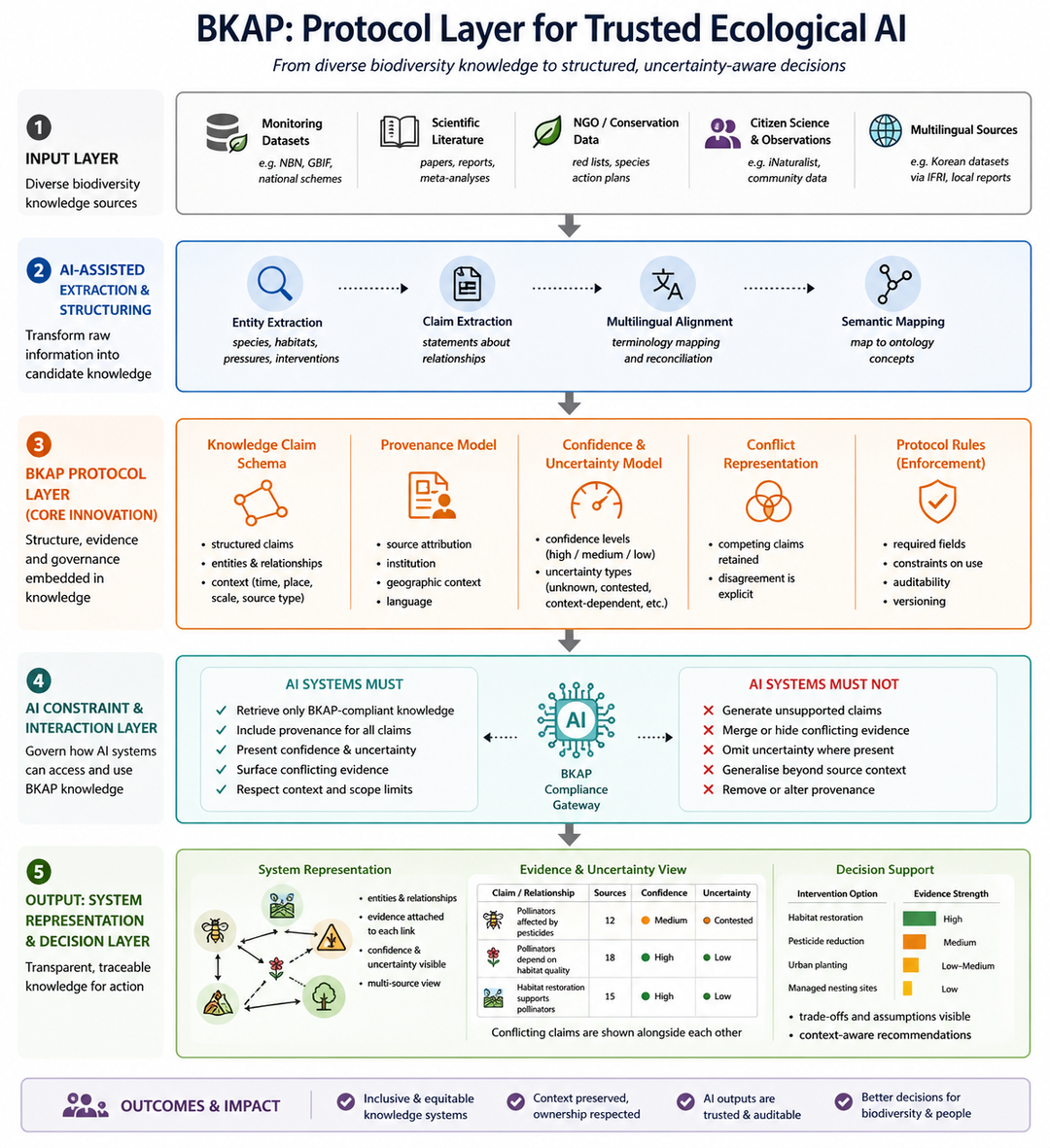 BKAP protocol layer diagram showing five layers: an input layer of diverse biodiversity knowledge sources; AI-assisted extraction and structuring; the BKAP protocol layer with a knowledge claim schema, provenance model, confidence and uncertainty model, conflict representation and protocol rules; an AI constraint and interaction layer setting out what AI systems must and must not do; and an output layer with a transparent system representation and decision support.